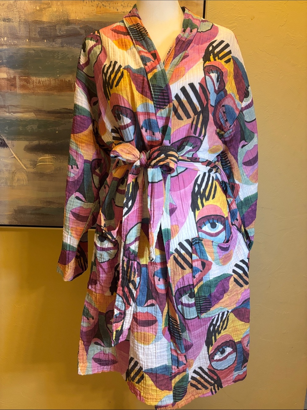 Abstract Face Print Belted Robe